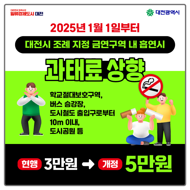 대전시, 금연구역서 흡연 내년 1월 1일부터 과태료 5만원 홍보 이미지.