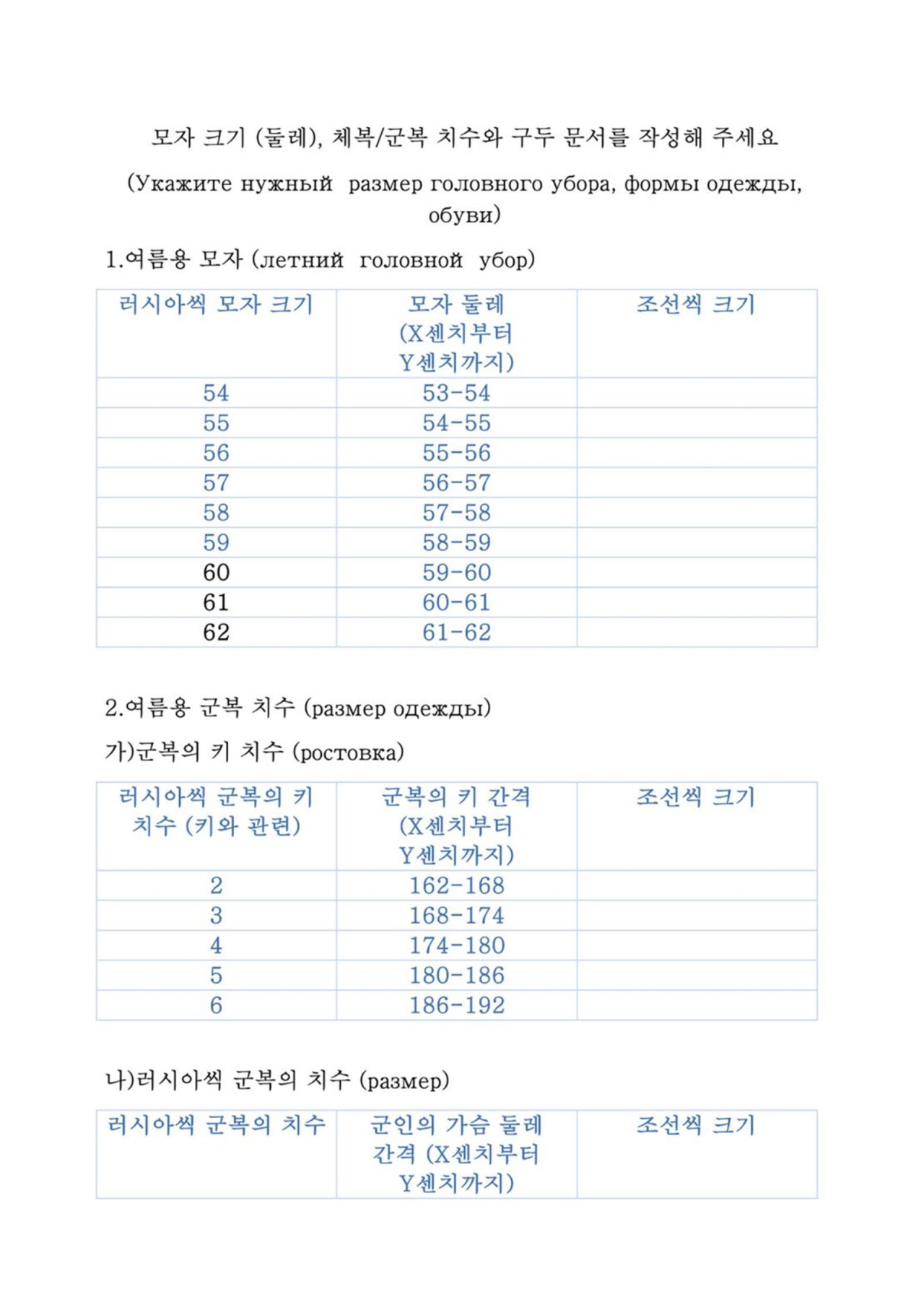 러시아가 파병된 북한 군인에게 군복과 군화 등 보급품을 원활하게 지급하기 위한 목적으로 한글 설문지까지 준비한 것으로 나타났다. CNN은 19일 우크라이나 문화부 소속 전략소통·정보보안센터(SPRAVDI)를 통해 한글 설문지를 입수했다고 보도했다. 사진은 공개된 한글과 러시아어로 안내된 군복 치수 설문지. [연합]