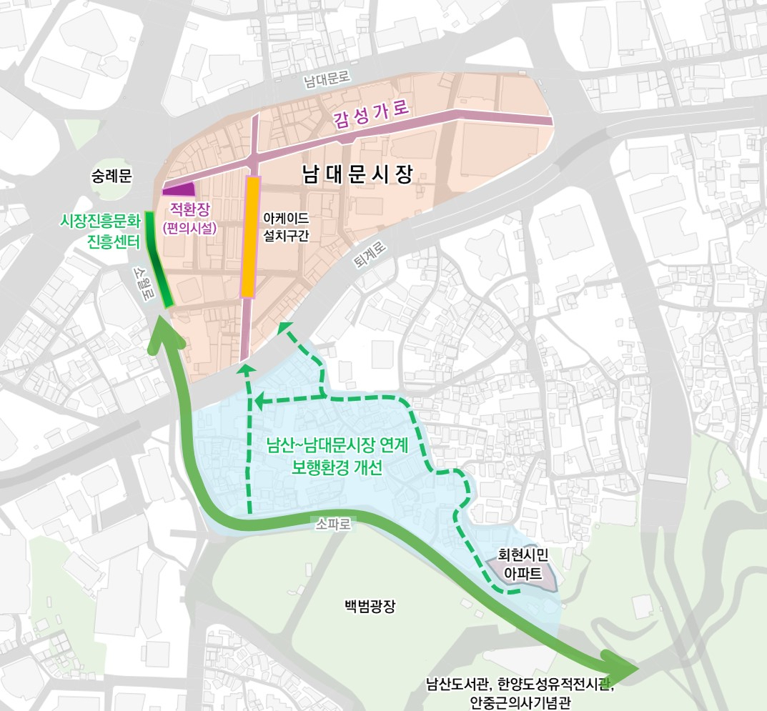 서울시는 낙후된 시설, 유동 인구 감소 등으로 어려움을 겪는 남대문시장 활성화를 위해 도시공간 연계 혁신사업을 추진한다. 사진은 남대문시장 일대 보행환경 개선 계획도.[서울시 제공]