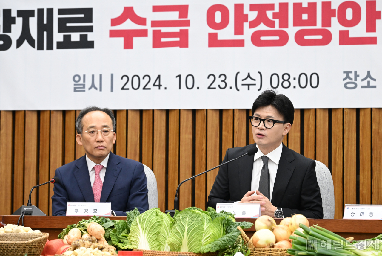 한동훈 국민의힘 대표가 23일 오전 서울 여의도 국회에서 열린 '김장재료 수급 안정방안 민당정 협의회'에 참석해 모두발언을 하고 있다. 이상섭 기자