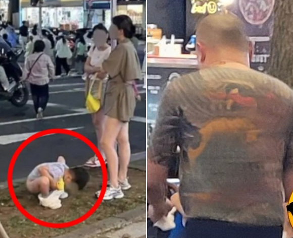 제주 도심 한복판에서 아이가 대변을 보게 놔두고 있는 중국 관광객의 모습(왼쪽), 중국인으로 추정되는 관광객이 웃통을 벗고 제주 거리를 활보한 모습. [온라인 커뮤니티 캡처]