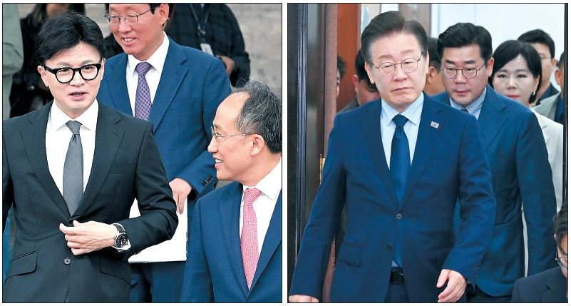 한동훈(왼쪽) 국민의힘 대표와 이재명 더불어민주당 대표가 23일 오전 서울 여의도 국회에서 열린 ‘김장재료 수급 안정방안 민당정 협의회’와 당 최고위원회의에 참석하고 있다. 이상섭 기자