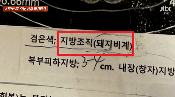 A medical report that reads "pig lard" on JTBC program. (JTBC)