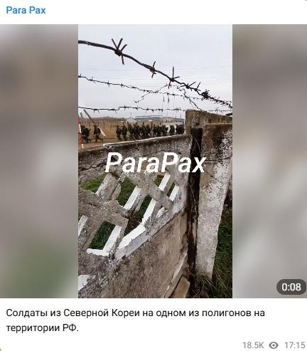 파라팍스 텔레그램 채널은 “러시아 훈련장에 있는 북한 군인들”이라며 영상을 올렸다. [텔레그램 캡처]