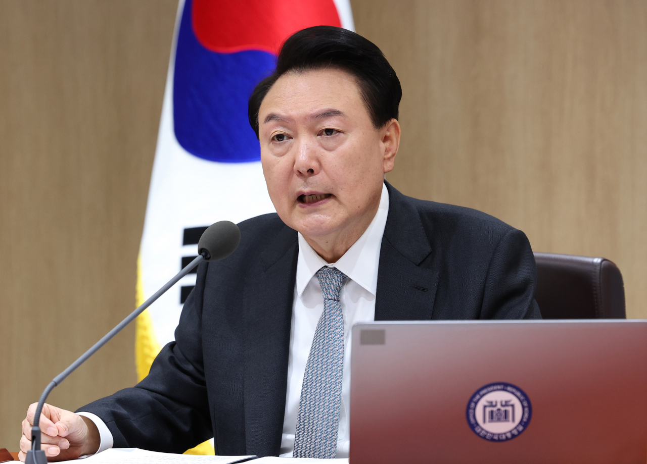 President Yoon Suk Yeol speaks during a Cabinet meeting held at the presidential office in Seoul on Tuesday. (Yonhap)