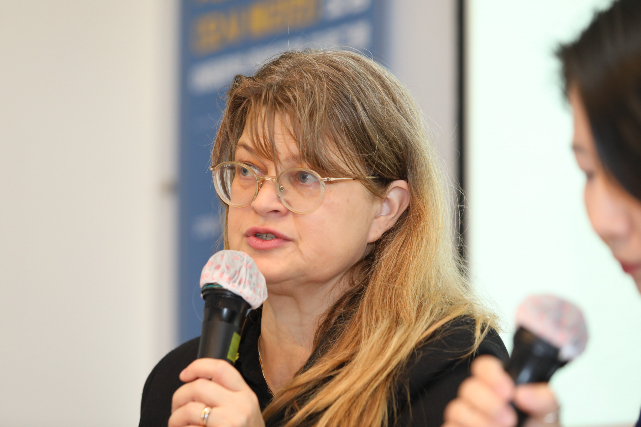 Asa Bergman, head of office at the Astrid Lindgren Memorial Award, speaks during a talk on children‘s literature at Arko Art Center in Seoul on Thursday. (Arts Council Korea)