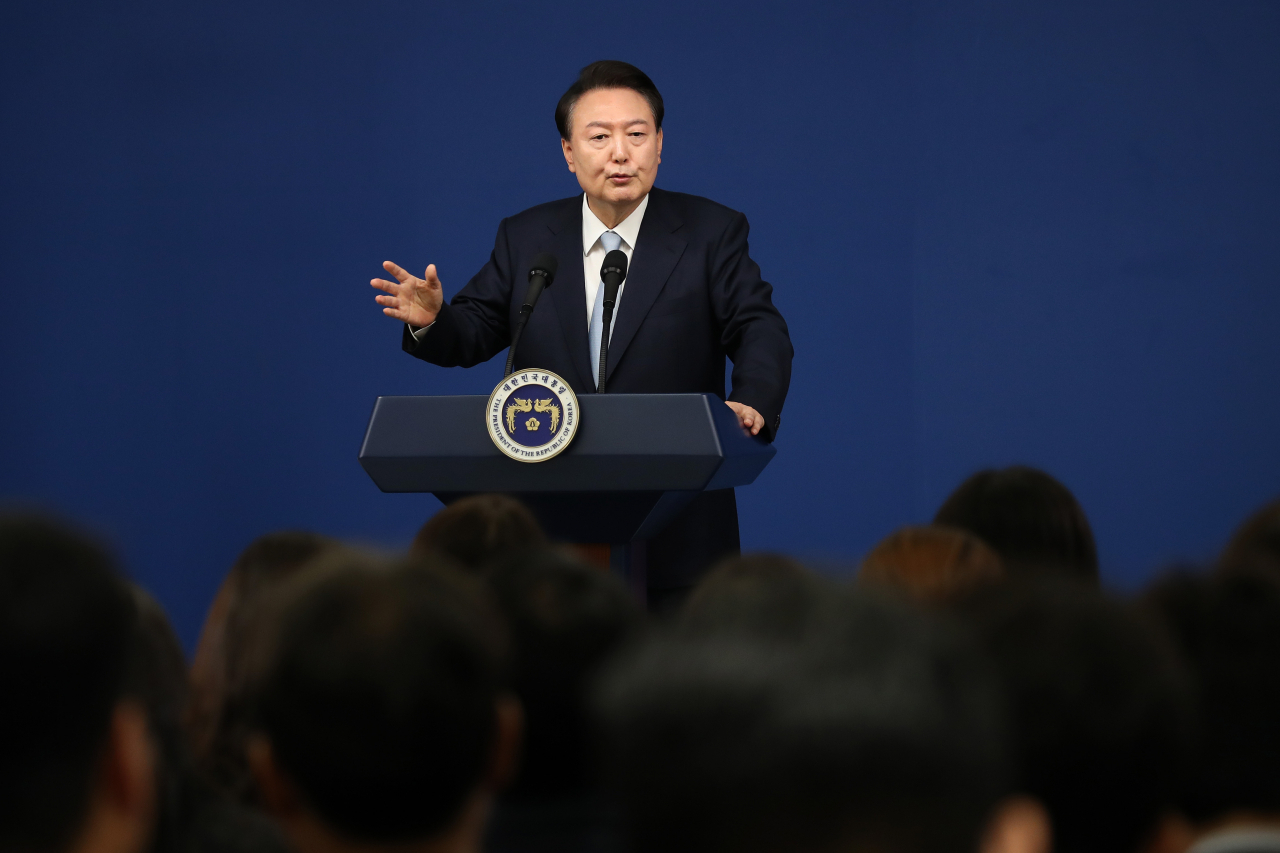 South Korean President Yoon Suk Yeol speaks during a briefing on state affairs and press conference at the presidential office on Aug. 29 in Seoul, South Korea. President Yoon announced a set of major reform measures in the pension, health care, education and labor sectors. (Getty Images)