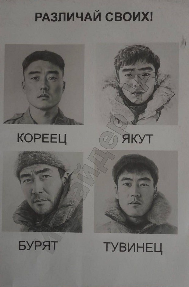 자유아시아방송(RFA)이 입수한 러시아군 측 아군 식별 전단지. "아군을 구별하라"는 제목 아래 4명의 남성 얼굴이 그려져 있고 차례로 한국인, 야쿠트족, 부랴트족, 투바족이라고 적혀 있다. [RFA 갈무리]