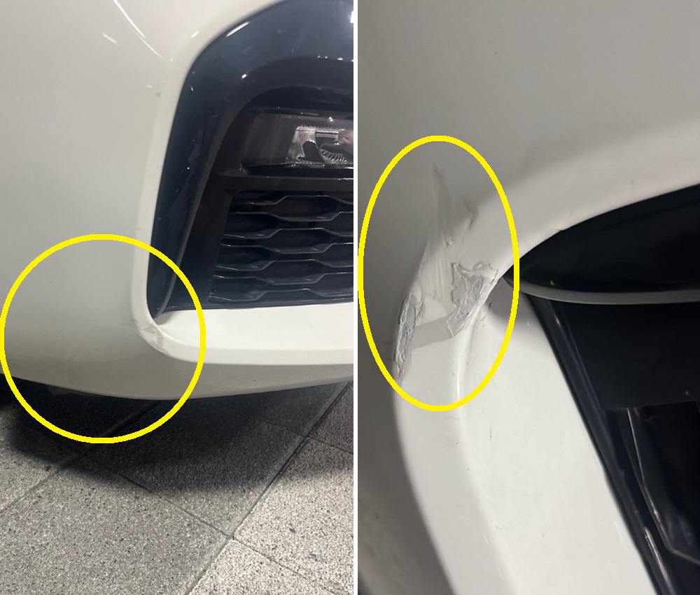 흰색 BMW의 우측 범퍼 하단에 도장이 벗겨져 있고 유사한 색상으로 거칠게 덧칠돼 있다. [보배드림 갈무리]