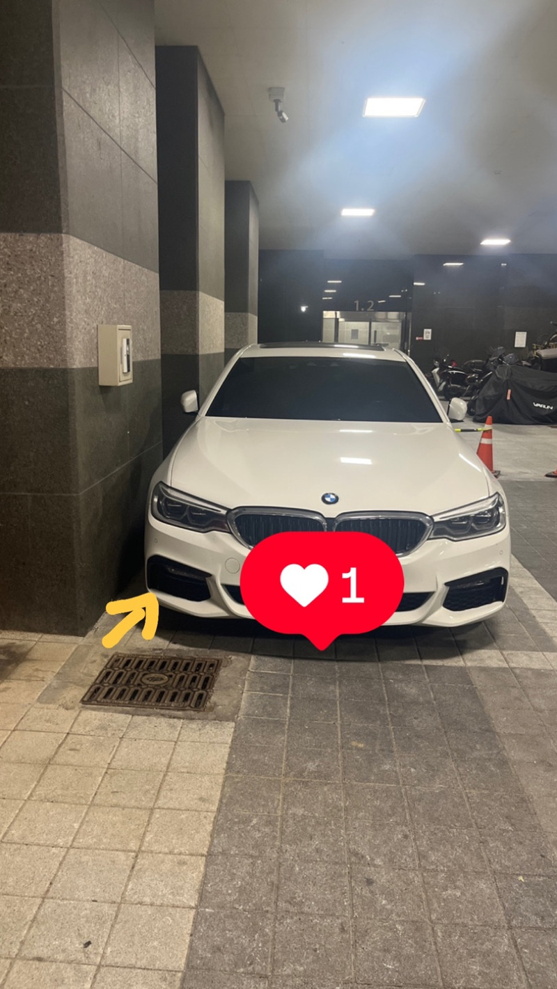 피해 차주가 BMW 차량 사진에 화살표로 파손된 부분을 표시해 뒀다. [보배드림 갈무리]