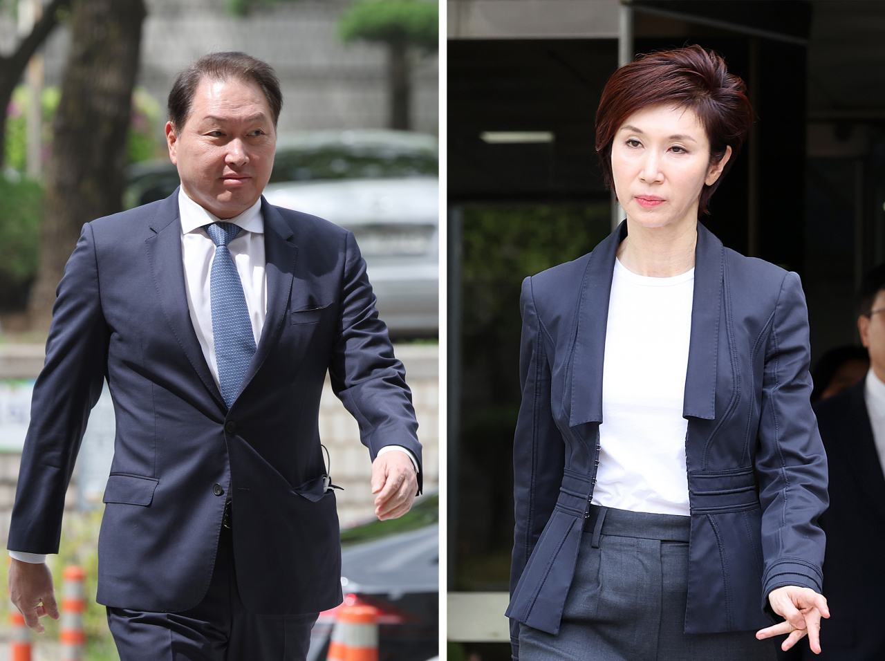 최태원(왼쪽사진) SK그룹 회장이 16일 오후 서울 서초구 서울고등법원에서 열린 최태원-노소영 이혼 소송 항소심 2차 변론에 출석하고 있다. 노소영 아트센터 나비 관장이 변론을 마친 뒤 법원을 나서고 있다.[뉴시스]