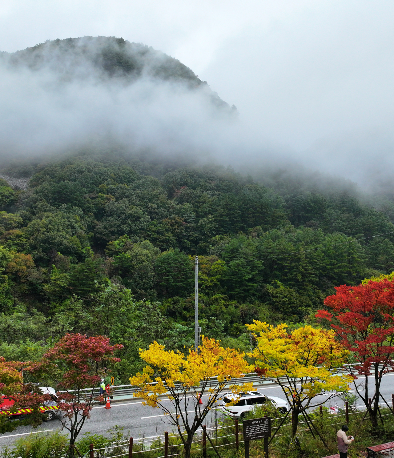 15일 강원 정선군 남면 무릉리에서 바라본 민둥산자락의 단풍 너머로 구름이 걸려 있다. [연합]