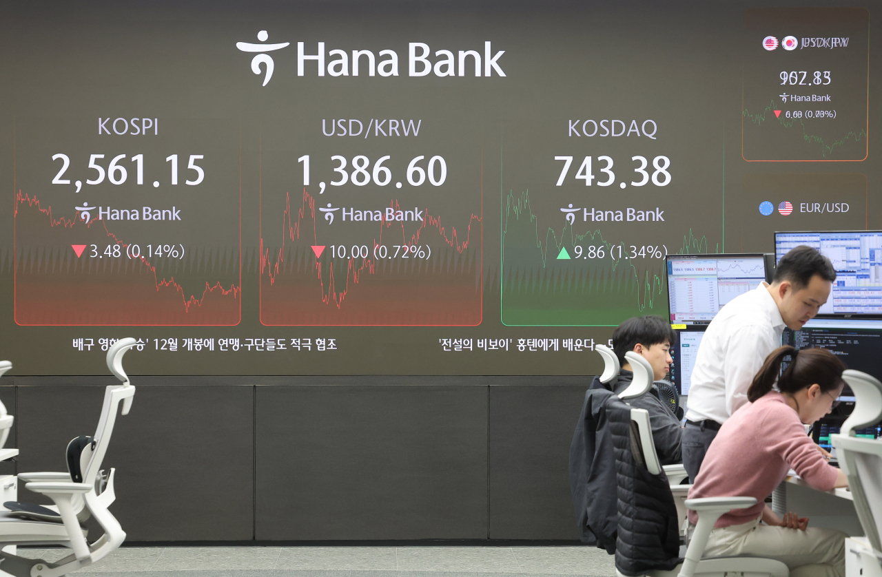 코스피가 2560대에서 약보합 마감한 8일 오후 서울 중구 하나은행 본점 딜링룸에서 직원들이 업무를 보고 있다. [연합]