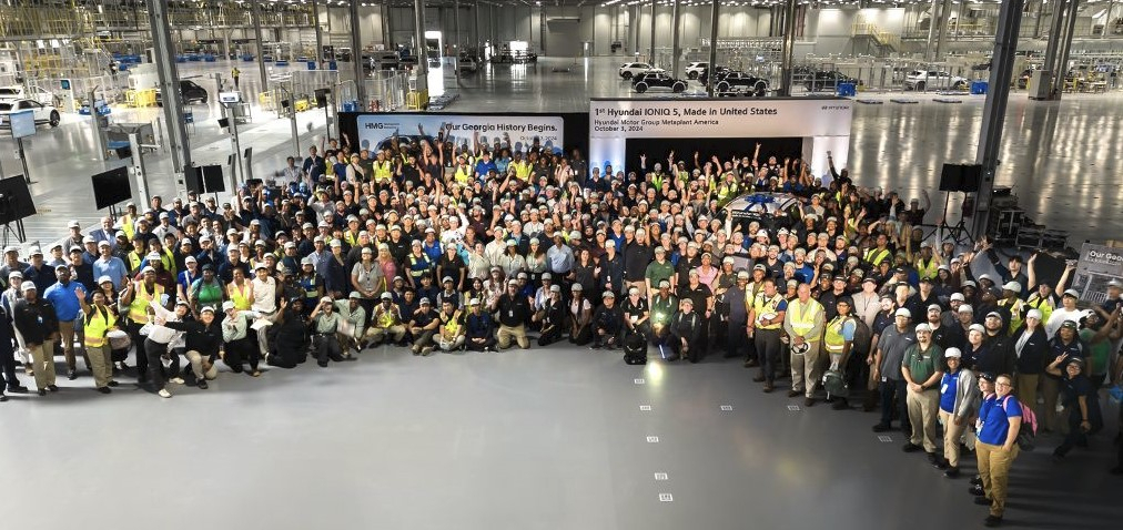 Hyundai Motor officials celebrate the rollout of the first Ioniq 5 electric vehicle at Hyundai Motor Group Metaplant American in Georgia in October. (Screencapture from Hyundai Motor Company Global President Jose Munoz's LinkedIn account)