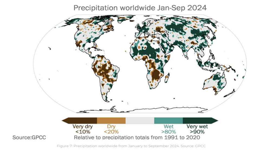 2024년 1~9월 전 지구 강수량(1991~2020년 강수량총량 대비)[기상청 제공]