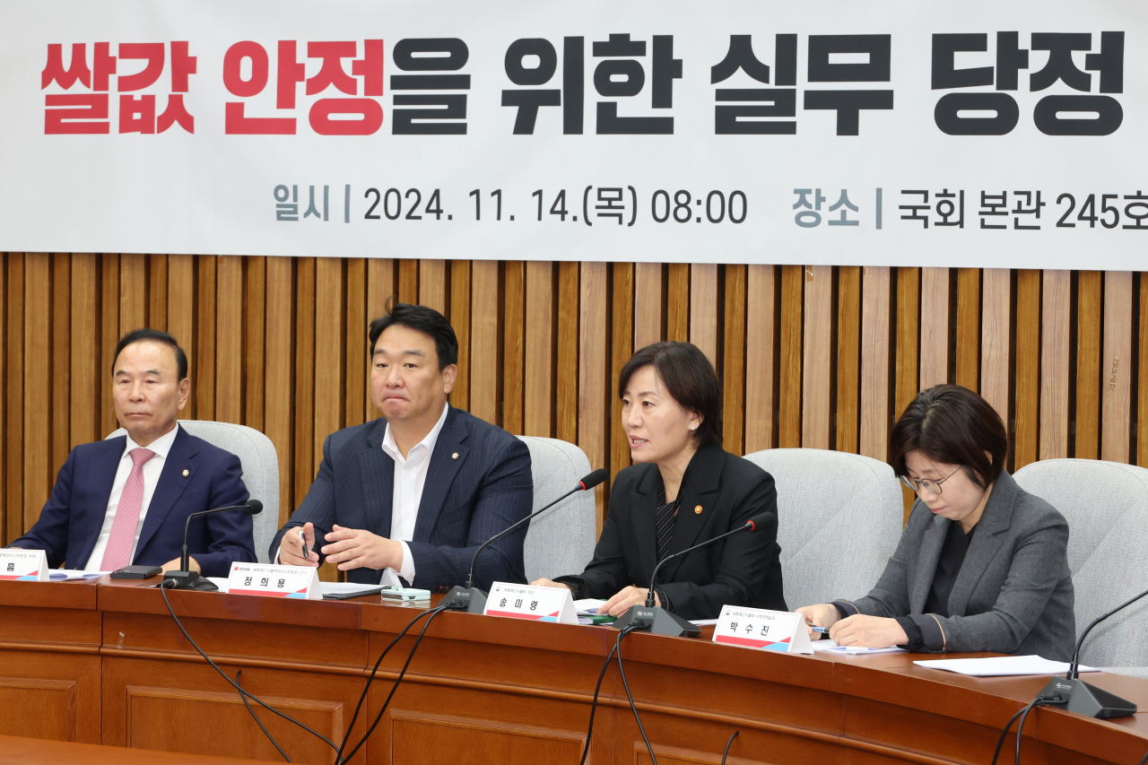 송미령 농림축산식품부 장관(왼쪽 세 번째)이 14일 오전 서울 여의도 국회에서 열린 쌀값 안정을 위한 실무 당정협의회에서 발언하고 있다. [연합]