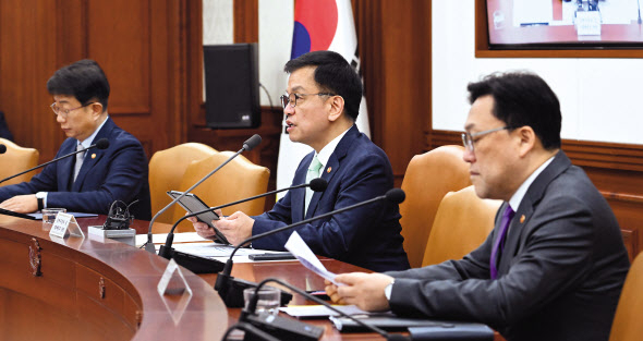 최상목(가운데) 경제부총리 겸 기획재정부 장관이 14일 오전 서울 종로구 정부서울청사에서 열린 경제관계장관회의에서 발언을 하고 있다. 임세준 기자
