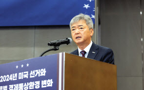 이인호 한국무역협회 부회장이 13일 ‘2024년 미국 선거와 글로벌 경제통상환경 변화 세미나’에서 인사말을 하고 있다. [무협 제공]