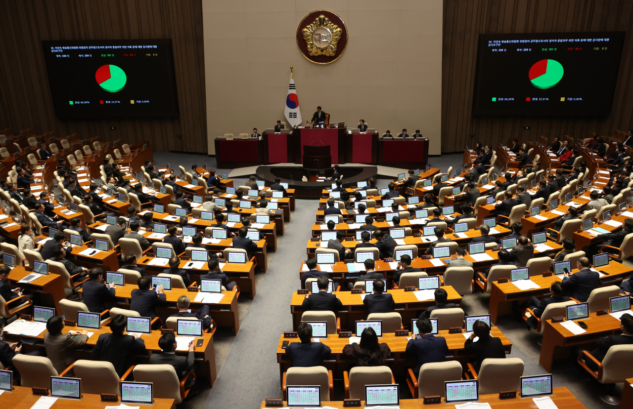 14일 국회 본회의에서 '이진숙 방송통신위원회 위원장의 공무원으로서의 정치적 중립 의무 위반 의혹 등에 대한 감사원에 대한 감사요구안'이 통과되고 있다. [연합]