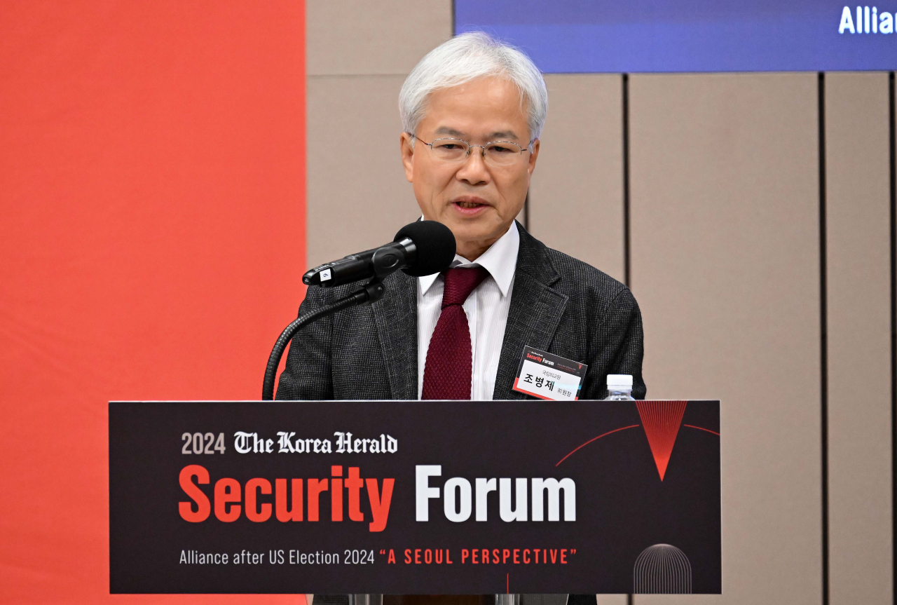 Cho Byung-jae, who was chancellor of the Korea National Diplomatic Academy in 2017-18, speaks during The Korea Herald Security Forum 2024 at the National Assembly Museum in Seoul on Wednesday. (Lee Sang-sub/The Korea Herald)