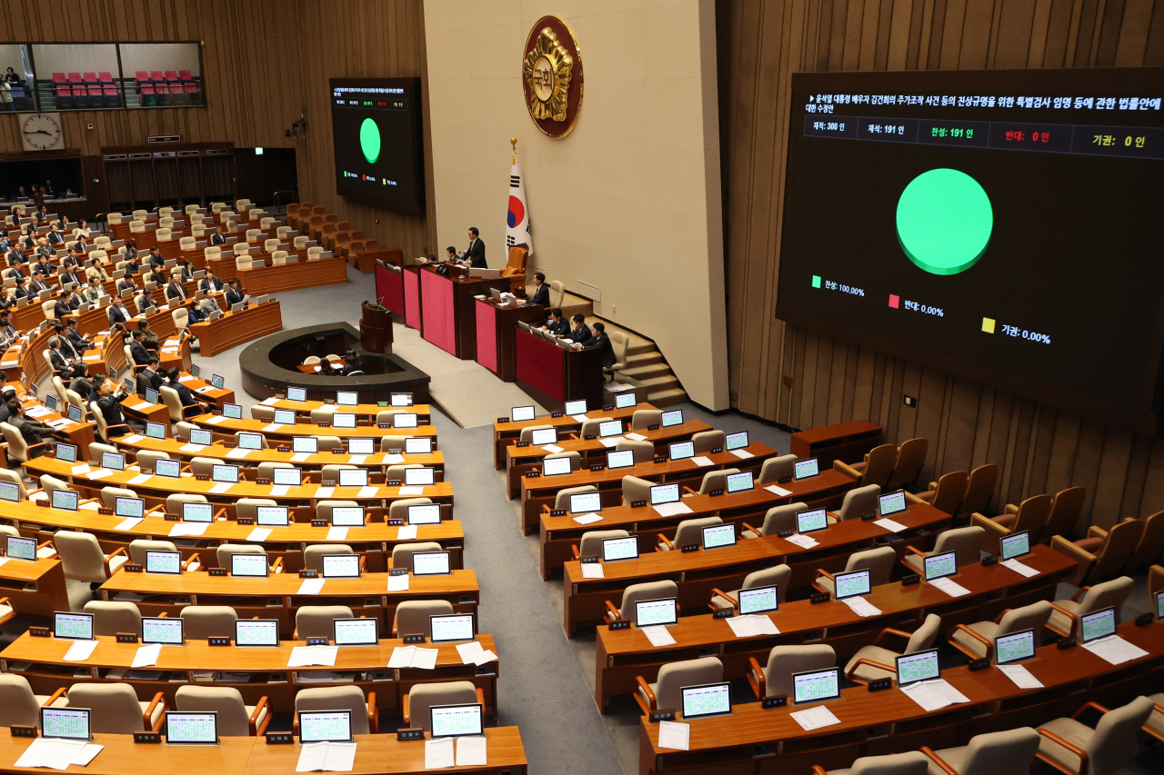The National Assembly on Thursday passes a bill to investigate allegations against Kim Keon Hee, the wife of President Yoon Suk Yeol. (Yonhap)