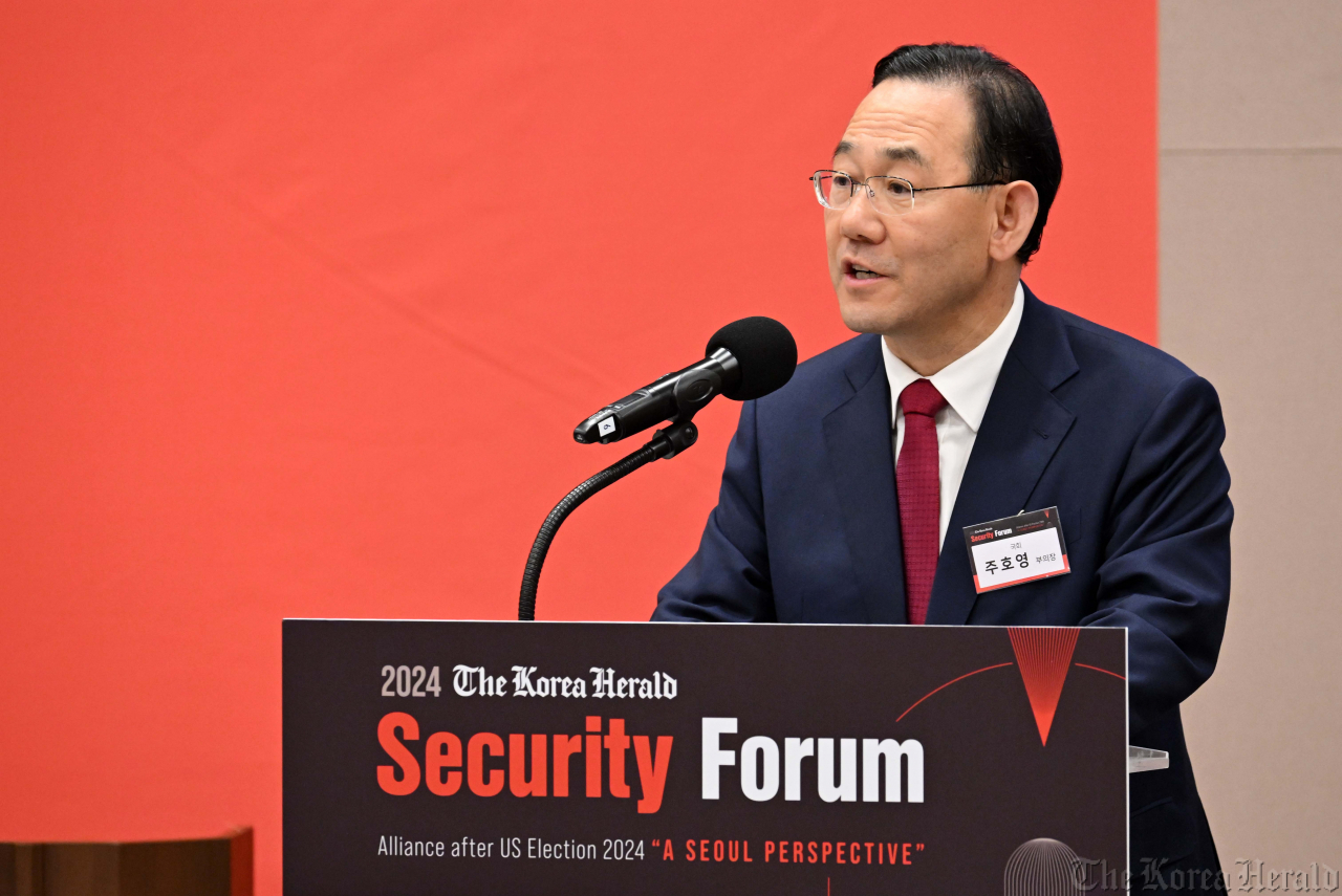주호영 국회부의장이 13일 오후 서울 여의도 국회박물관에서 열린 'The Korea Herald Security Forum2024'에서 축사를 하고 있다. 이상섭 기자