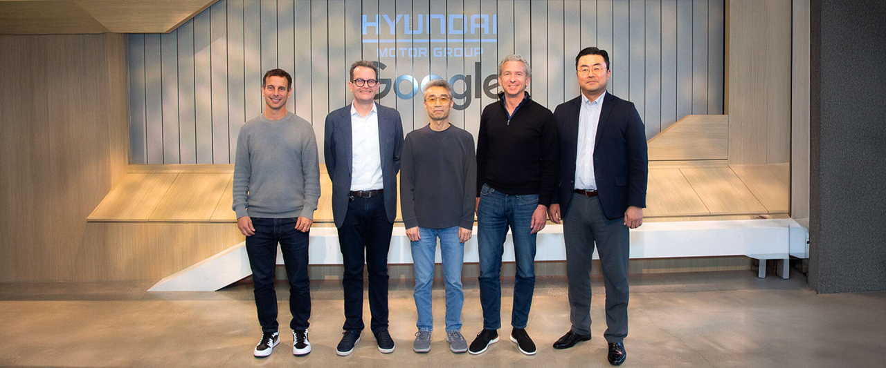(From left) Ariel Spivak, vice president at Android and devices & services partnerships at Google; Cyrus Beagley, vice president at partnerships solutions at Google; Song Chang-hyeon, president of advanced vehicle platform division at Hyundai Motor Group; Jorgen Behrens, vice President and general manager at Google Maps Automotive; and Kim Heung-soo, executive vice president at global strategy office at Hyundai Motor Group pose for a photo at a recent signing ceremony. (Hyundai Motor Group)