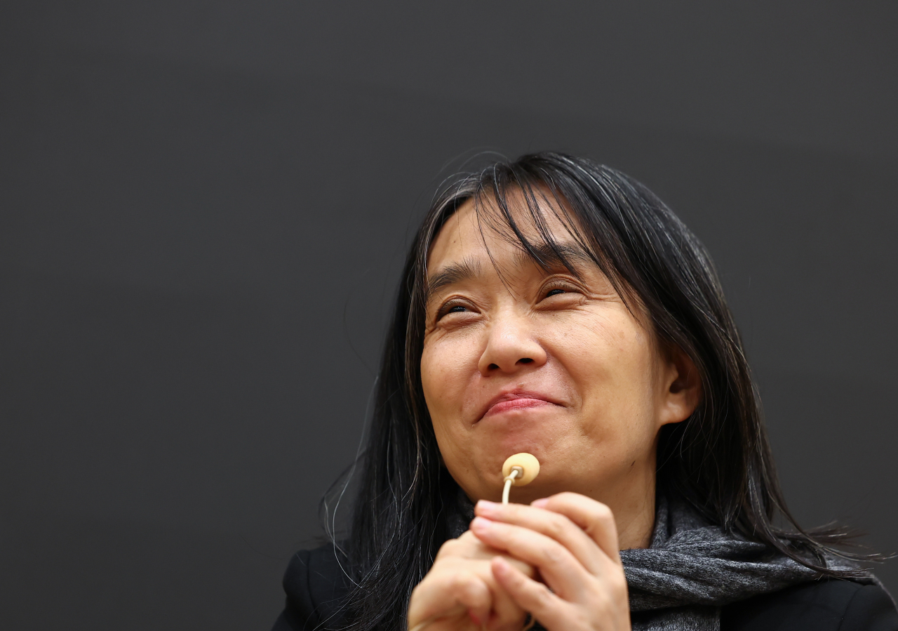 Nobel laureate in literature Han Kang participates in a press conference held at a publishing house in Stockholm, Sweden, Dec. 11. (Yonhap)