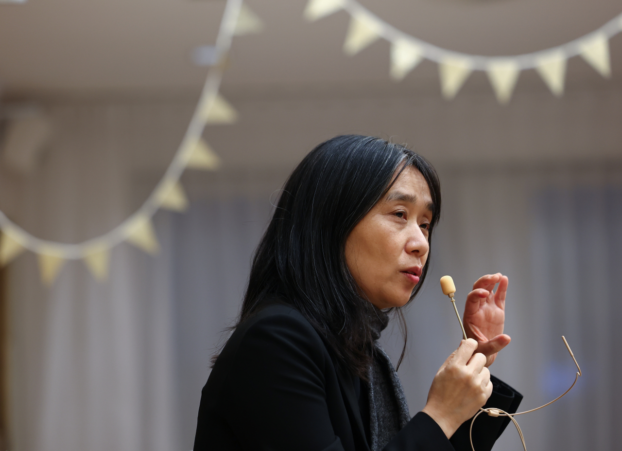 Nobel laureate in literature Han Kang participates in a press conference held at a publishing house in Stockholm, Sweden, Dec. 11. (Yonhap)