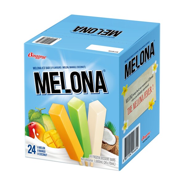 Binggrae Melona honeydew melon ice cream bars in pale green wrappers arranged for global retail export at Costco