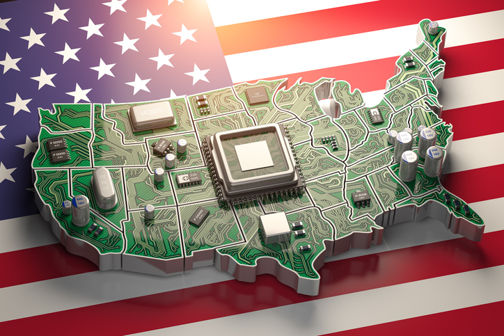 USA semiconductor industry, computer chips manufacturing  and artificial intelligenceconcept. Motherboard with CPU processor in form of map of United States.