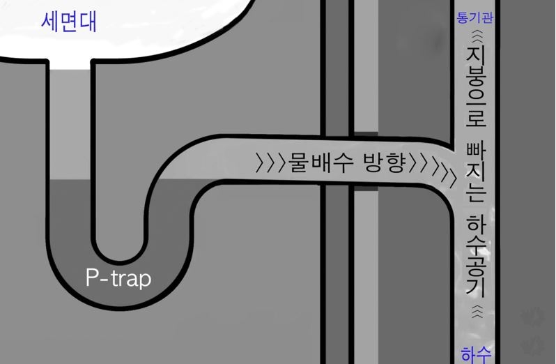 하수구조 배관에서 P-트랩을 사용하고 통기관을 바르고 과학적으로 설치한 배관을 보여주는 그림  [필자제공]
