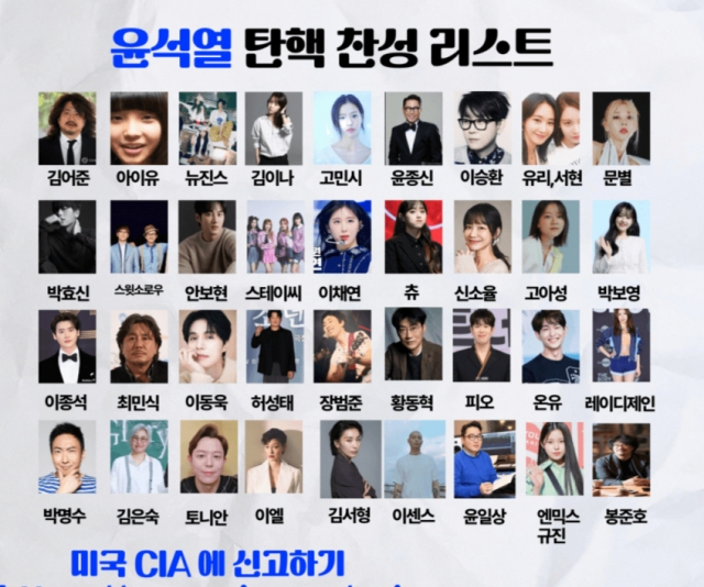 A post online lists celebrities who purportedly supported demonstrations in support of President Yoon Suk Yeol‘s impeachment. (Captured image)
