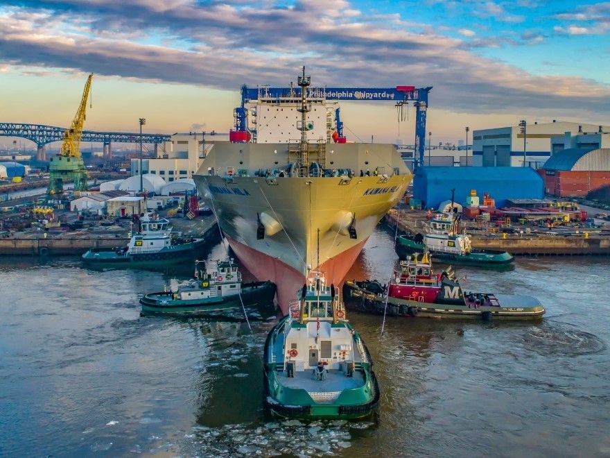 This photo provided by Hanwha Group shows Philly Shipyard, a US shipyard that the South Korean conglomerate has acquired. (Hanwha Ocean)