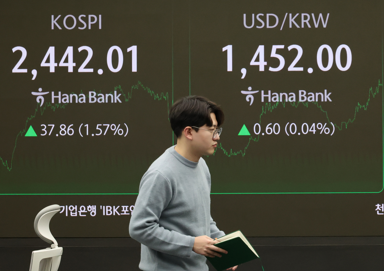 An electronic board showing the Korea Composite Stock Price Index at a dealing room of the Hana Bank headquarters in Seoul on Monday. (Yonhap)