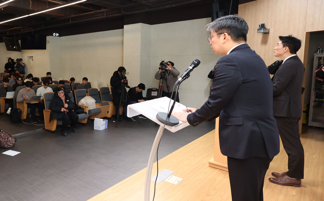 Lawyers for former Defense Minister Kim Yong-hyun speak in a press conference in southern Seoul on Thursday. (Yonhap)