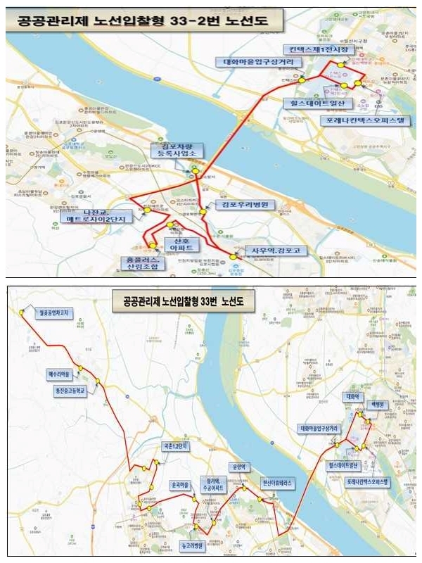 김포 시내 버스 33-2번<위>과 33번 노선도[김포시 제공]