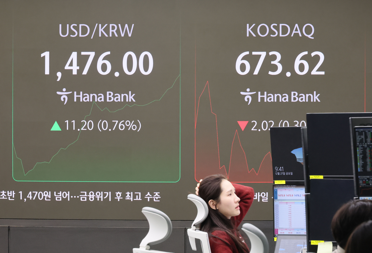 Officials work at a dealing room of Hana Bank in Seoul on Friday. (Yonhap)