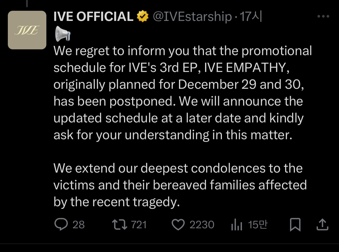 Ive posts their plan to delay musical promotions scheduled for Sunday and Monday on the group's official X account, Sunday. (Ive's X account)