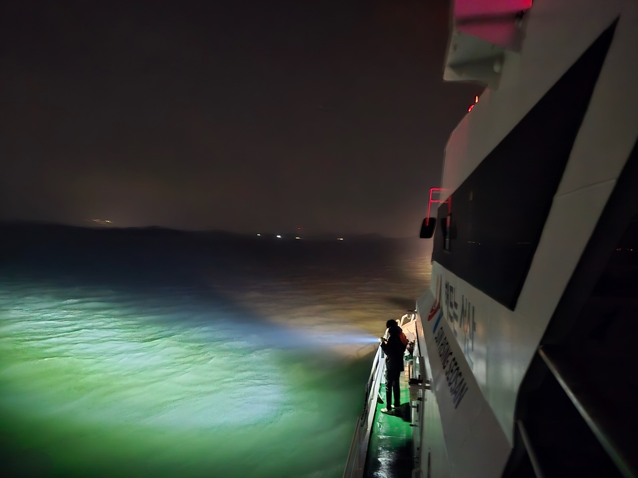 Coast Guard officials conduct a nighttime search in waters off Seosan, about 100 kilometers southwest of Seoul, on Dec. 30, 2024, after a car ferry capsized, leaving two rescued and five missing, in this photo provided by a reader. (Yonhap)