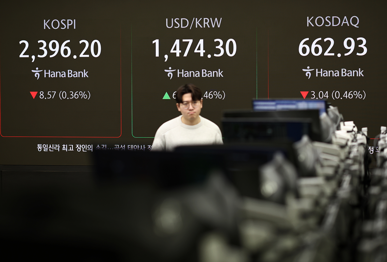 An electronic board showing the Korea Composite Stock Price Index at a dealing room of the Hana Bank headquarters in Seoul on Monday. (Yonhap)
