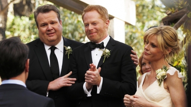 "Modern Family," starring (from left) Eric Stonestreet, Jesse Tyler Ferguson and Julie Bowen (Disney+)