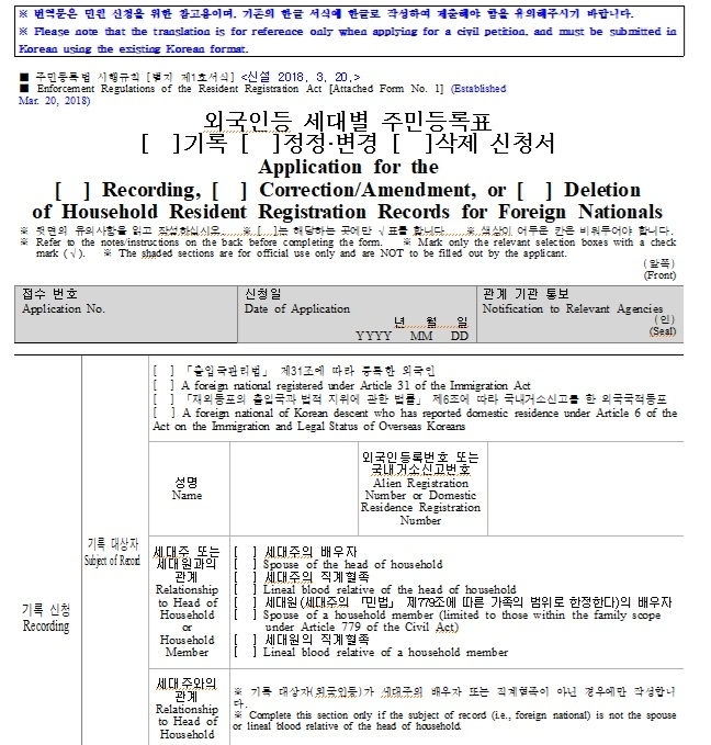 An application for a household resident registration record for foreigners provided in English (Safety Ministry)