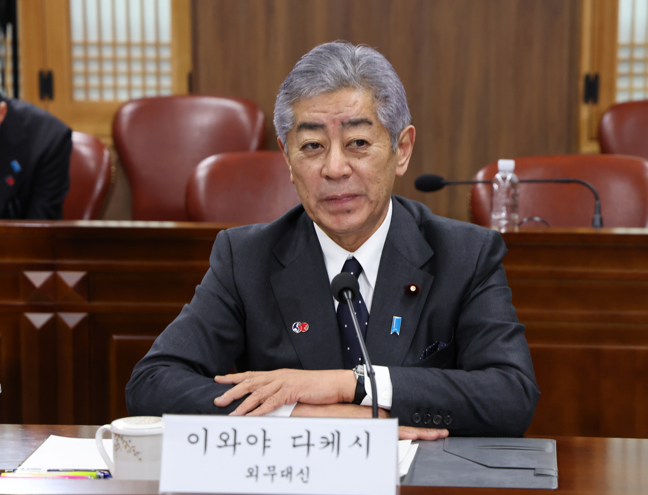 Japanese Foreign Minister Takeshi Iwaya speaks to South Korean Foreign Minister Cho Tae-yul (not pictured) during their talks in Seoul on Monday. (Pool photo via Yonhap)