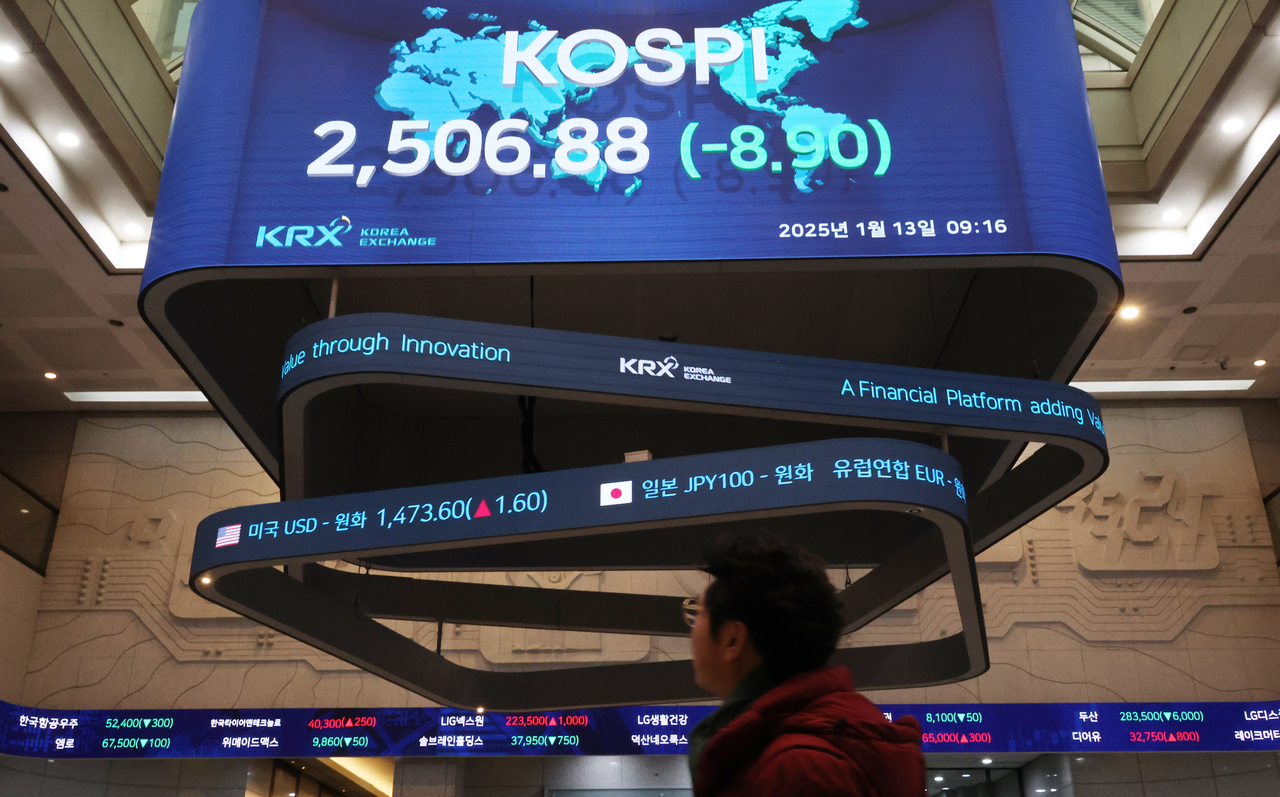 An electronic board showing the Korea Composite Stock Price Index at Korea Exchange in Seoul on Monday (Yonhap)