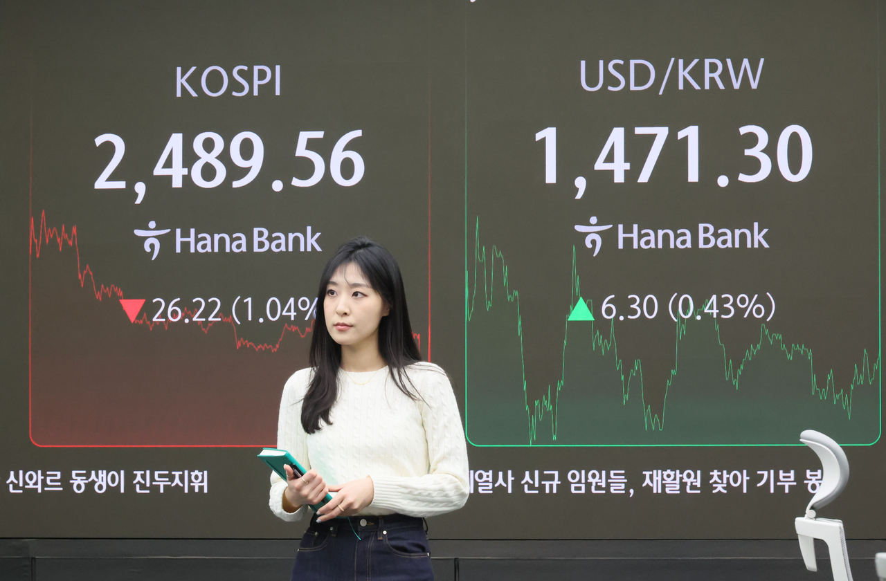 An electronic board showing the Korea Composite Stock Price Index at a dealing room of the Hana Bank headquarters in Seoul on Monday. (Yonhap)