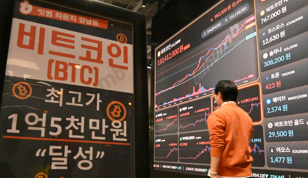 지난달 17일 오전 서울 서초구 빗썸라운지 전광판에 비트코인 거래가격이 10시 6분 기준 1억5341만원을 나타내는 모습. 임세준 기자