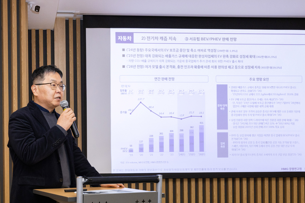 Yang Jin-soo, head of the mobility industry research lab at Hyundai Motor Group's Business Intelligence Institute, speaks at a seminar on 2025 forecasts for the global auto market at the Korea Automobile Manufacturers Association headquarters in Seoul. (Korea Automobile Journalists Association)