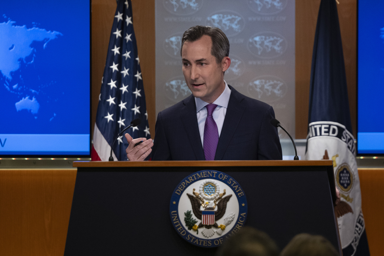 This file photo shows US State Department spokesperson Matthew Miller speaking during a press briefing at the State Department in Washington on July 17, 2024. (GettyImages)