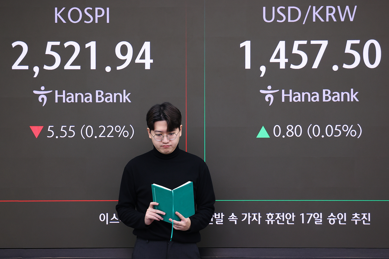 An electronic board showing the Korea Composite Stock Price Index at a dealing room of the Hana Bank headquarters in Seoul on Friday. (Yonhap)